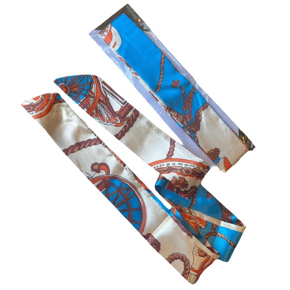 Western Blue Tan Brown Orange Silky Bag Twilly Scarf Set of 2 - Picture 3 of 4